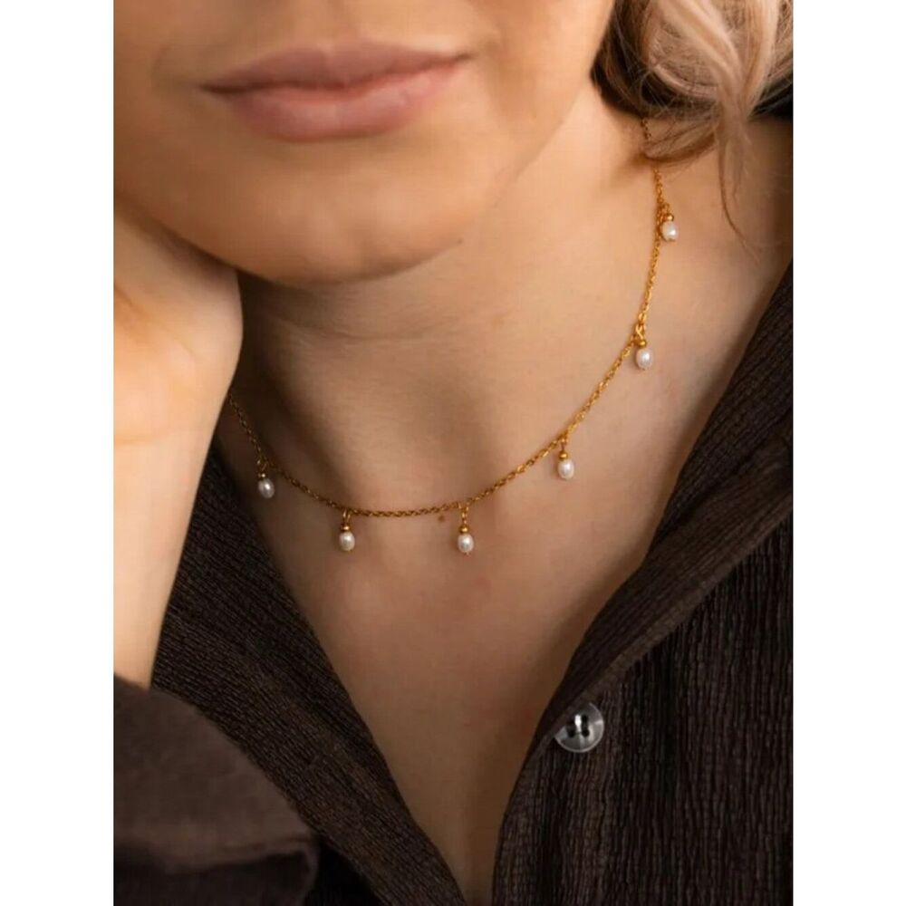 Louise Carter 18k Gold Plated Delicate Freshwater Pearl Droplet Station Necklace